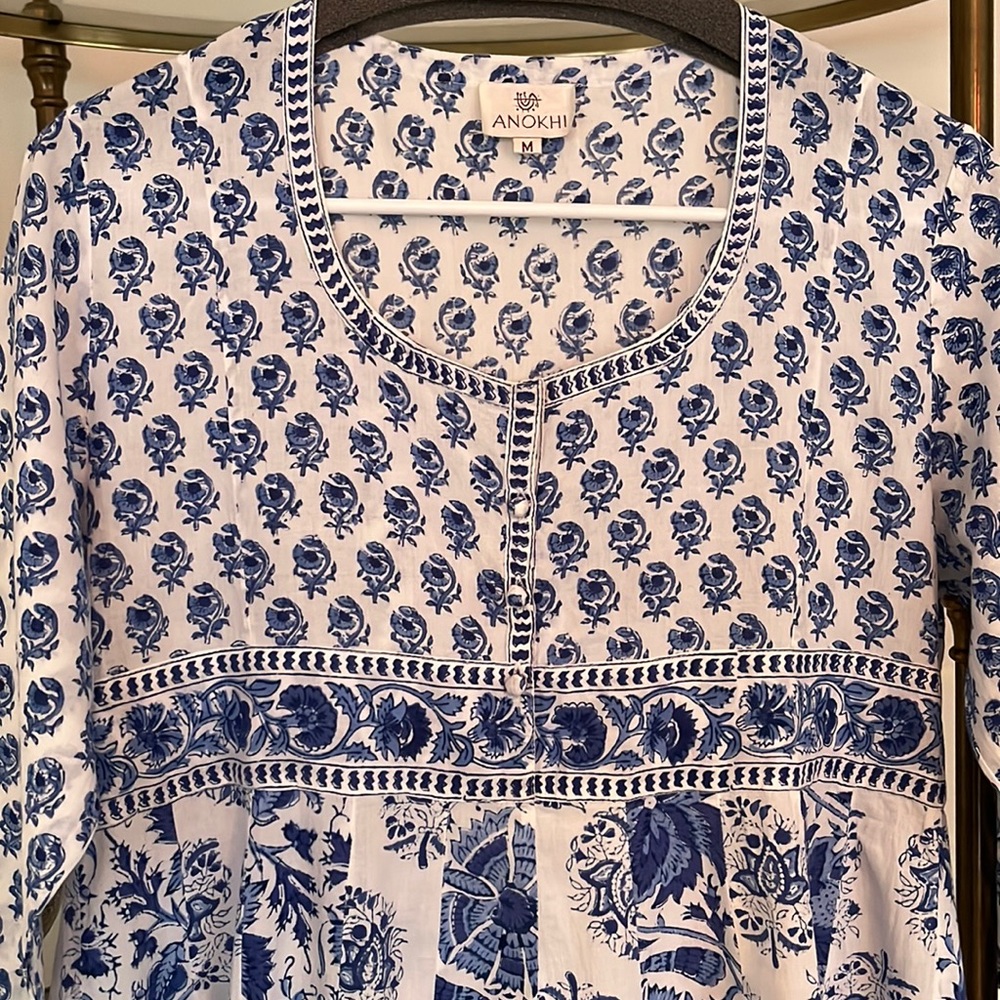 ANOKHI blue and white block print cotton dress